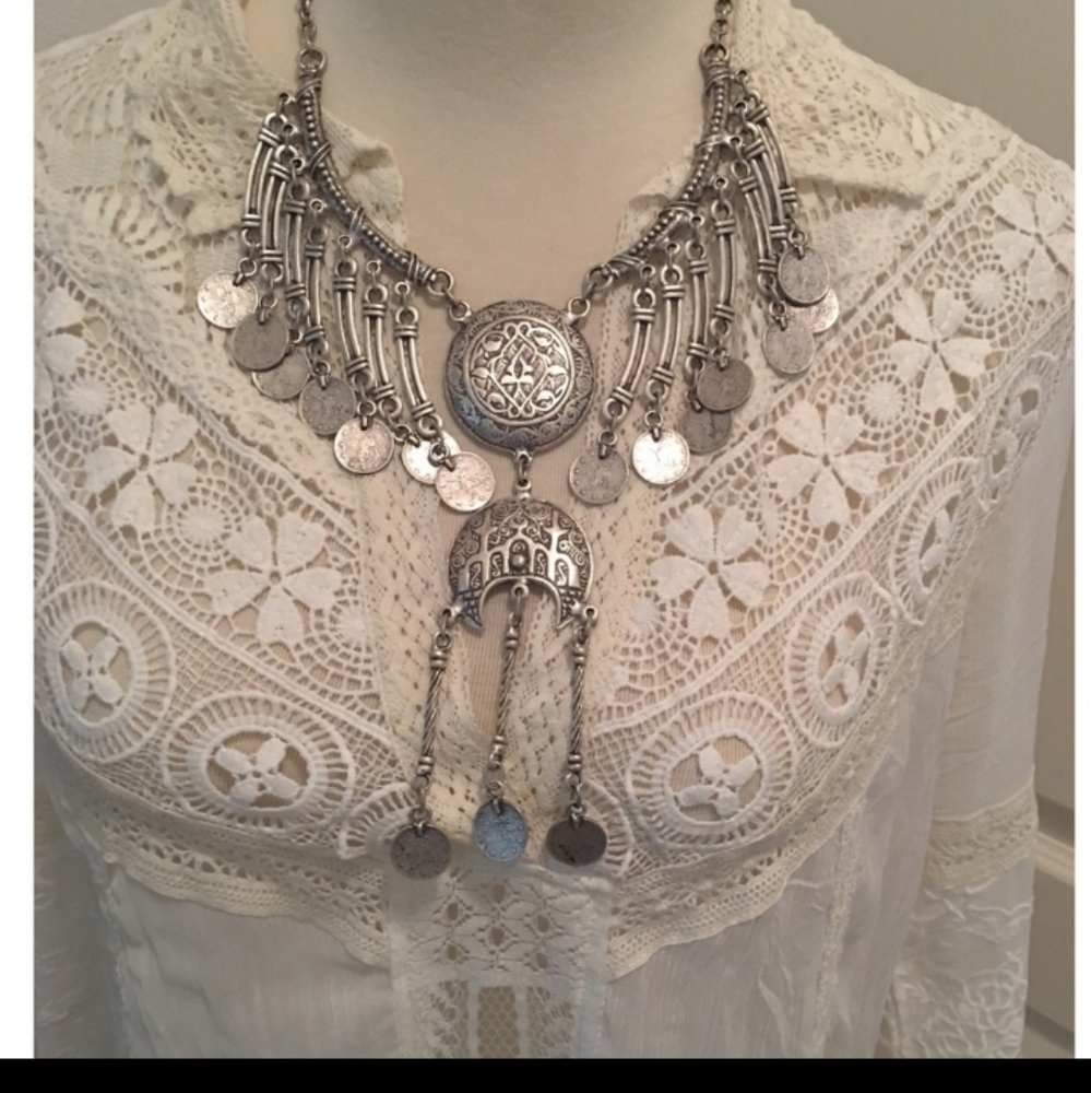 Tibetan Silver Large Moon Necklace Boho FP